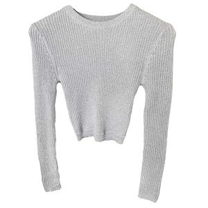 Silver Metallic Crew Neck Rib Knit Top